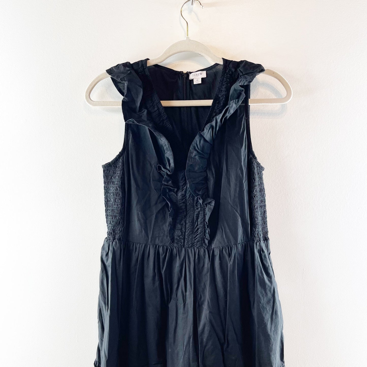 J. Crew V Neck Smocked Ruffle Sleeveless Cotton Midi Dress Black 6