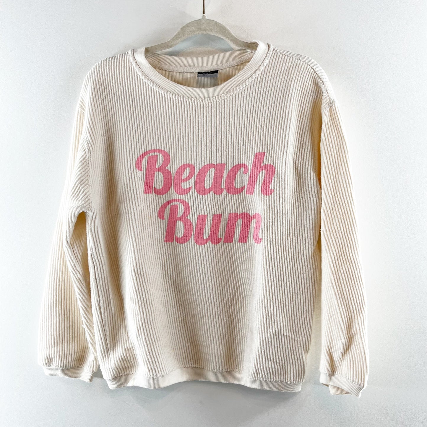 Beach Bum Corded Long Sleeve Crewneck Pullover Sweatshirt Cream Pink Small