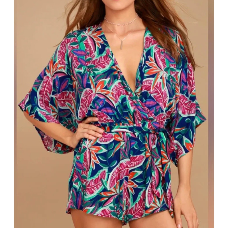 Lulus Hypnotized Kimono Sleeve Printed Romper One Piece Teal Pink Small