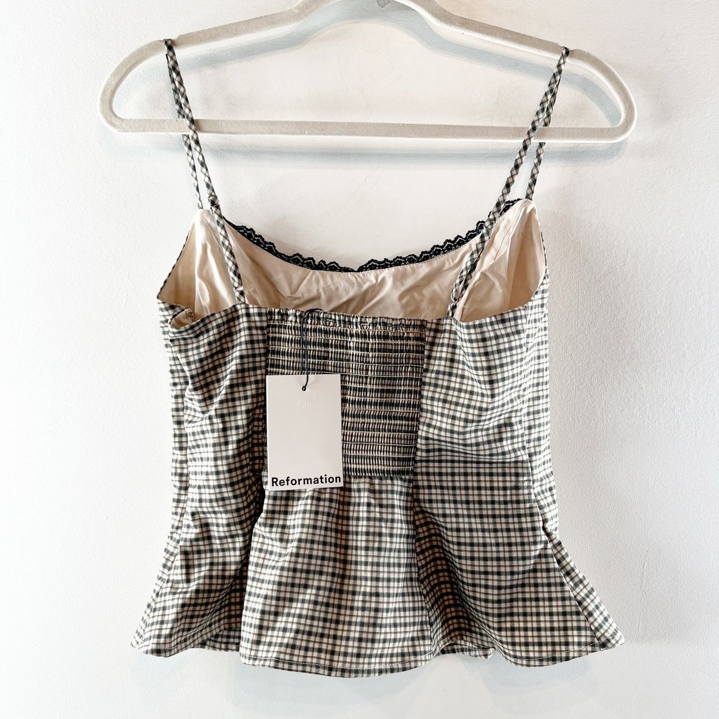Reformation Genevieve Sleeveless Smocked Strappy Peplum Top Green Plaid 6
