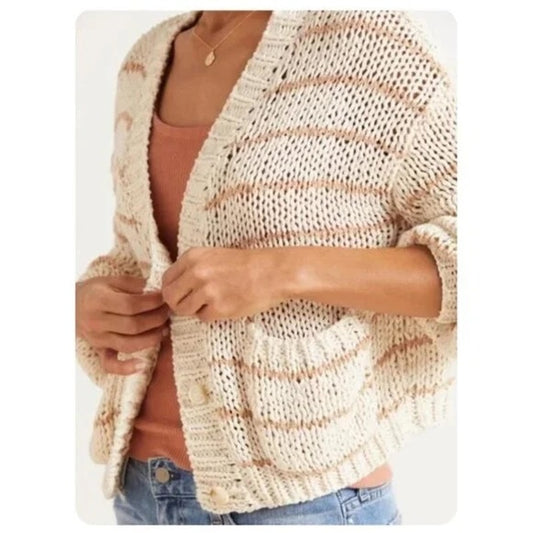 Roan & Ryan Striped Long Sleeve Button Front V-Neck Cardigan Sweater Beige XS