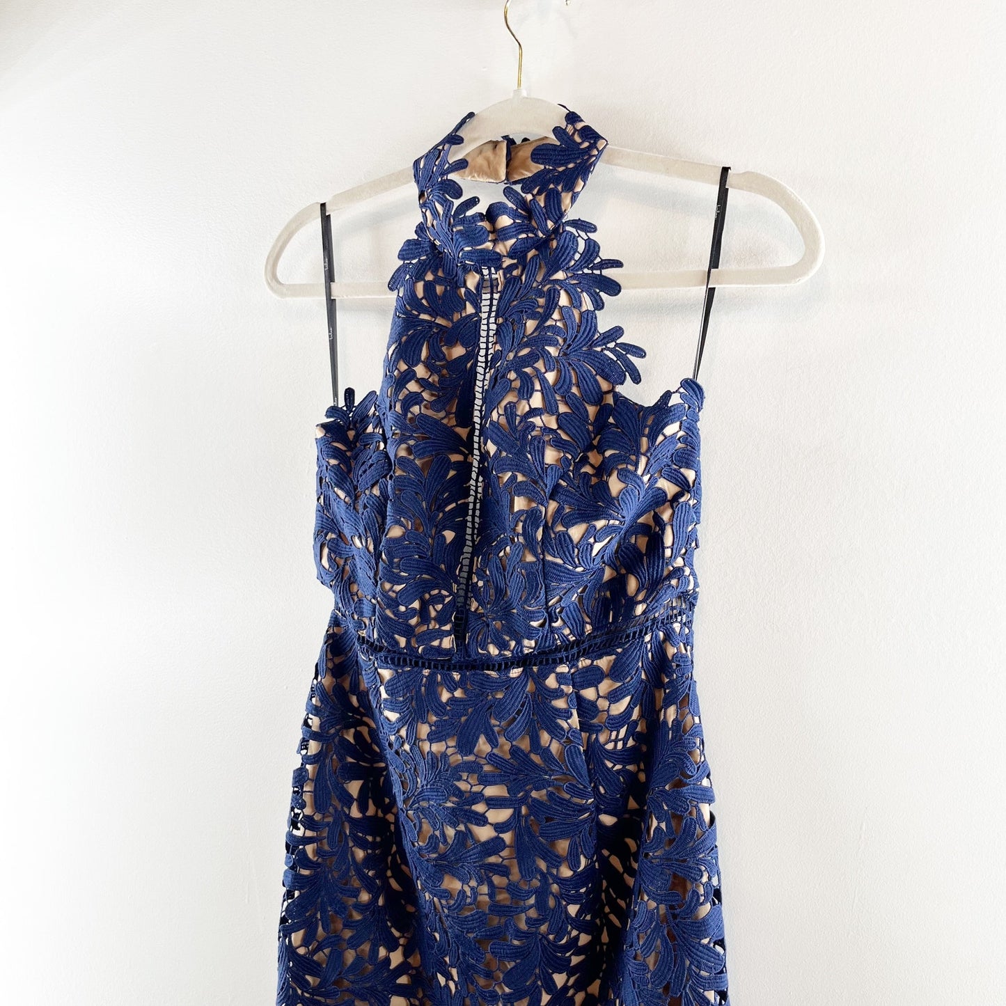 Lulus Divine Destiny Halter High Neck Lined Lace Midi Dress Navy Blue Medium