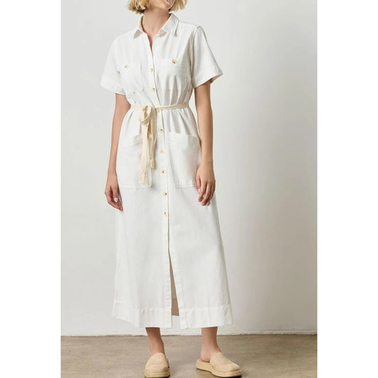 Lilla P Short Sleeve Button Up Belted Tie Waist Shirt Dress White Medium
