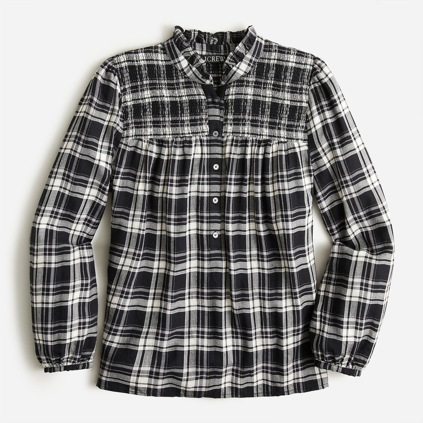 J. Crew Ruffleneck Flannel Popover Blouse Top Berkshire Plaid Black White Small