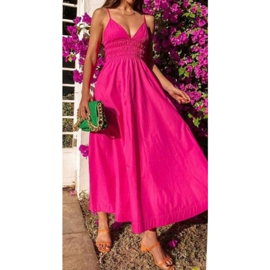 ZARA V Neck Smocked Waist Poplin Midi Sundress Pink Medium