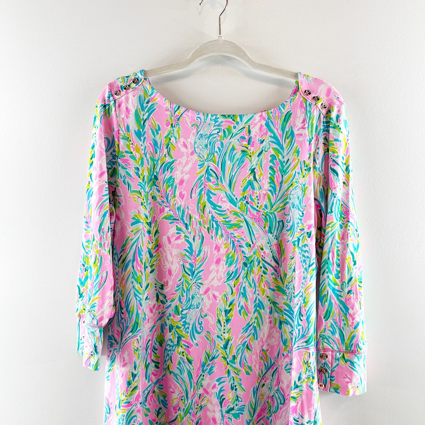 Lilly Pulitzer Sophie 50 UPF 3/4 Sleeve Shift Jersey Mini Dress Blue Pink XL