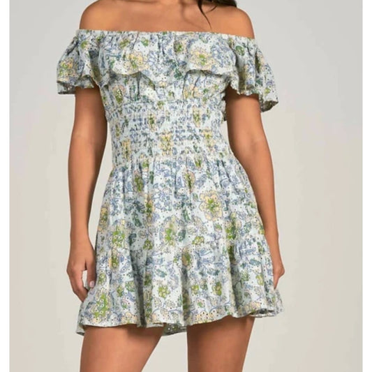 Elan Off The Shoulder Floral Ruffle Smocked Waist Mini Dress Green Medium