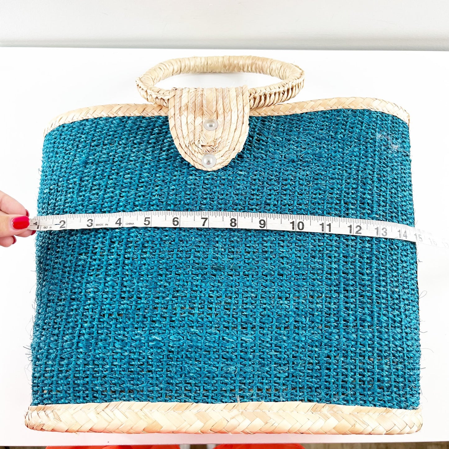 Round Double Handle Medium Straw Bucket Tote Handbag Teal Blue Beige