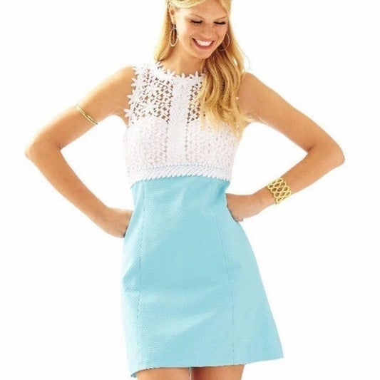 Lilly Pulitzer Breakers Crochet Lace Mini Shift Dress Turquoise Blue White 10