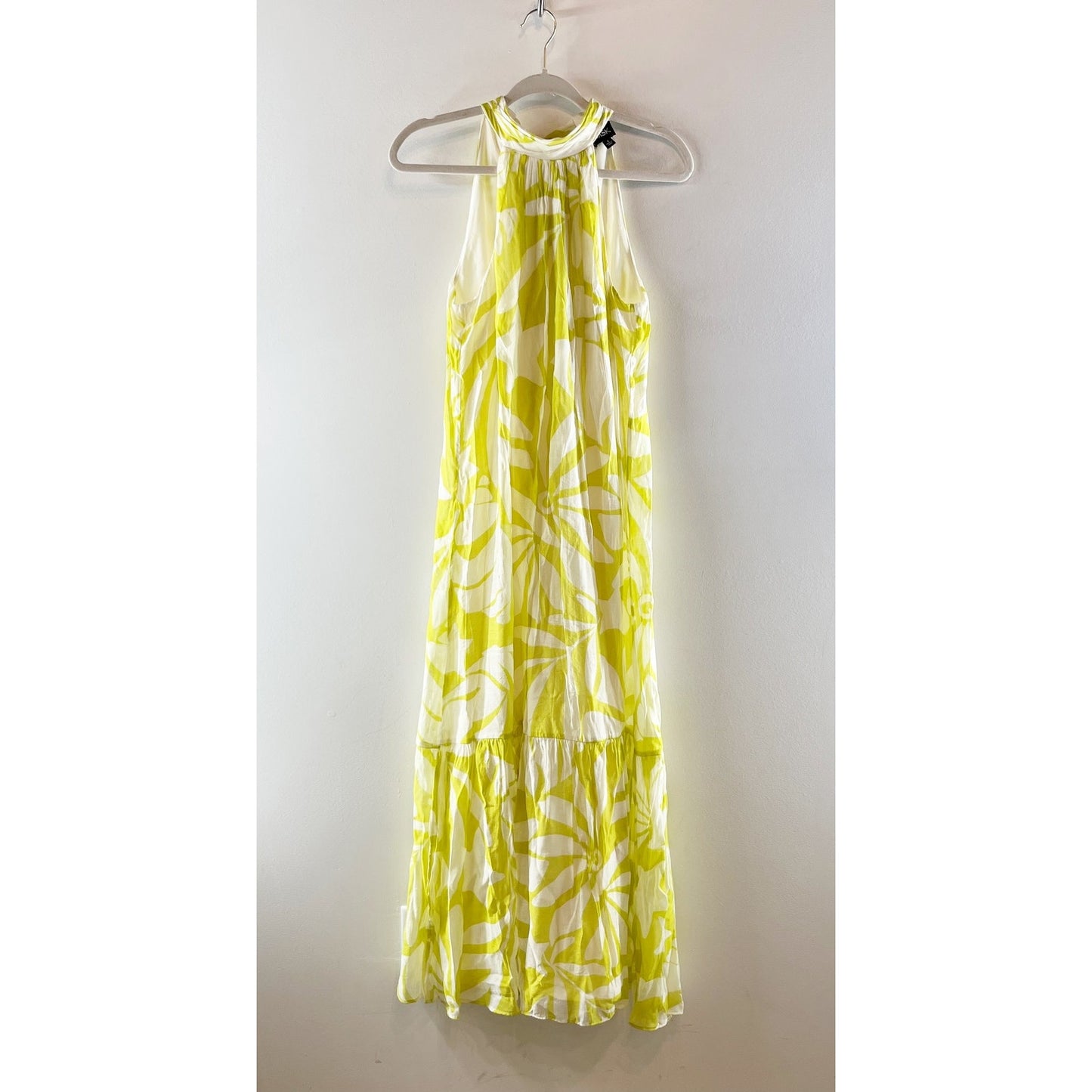 MSK Floral Tiered Halter Tie Back Maxi Sundress Chartreuse Green Small