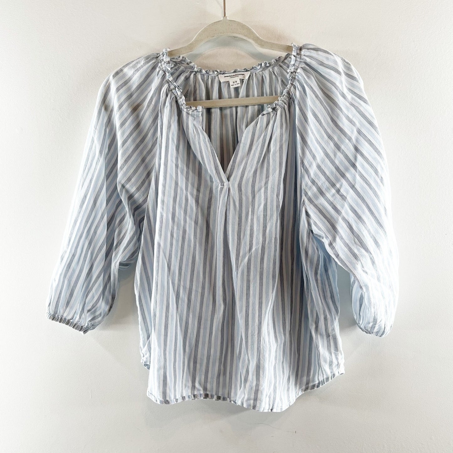 beachLunchLounge Striped 3/4 Sleeve Cotton Peasant Blouse White Blue Small