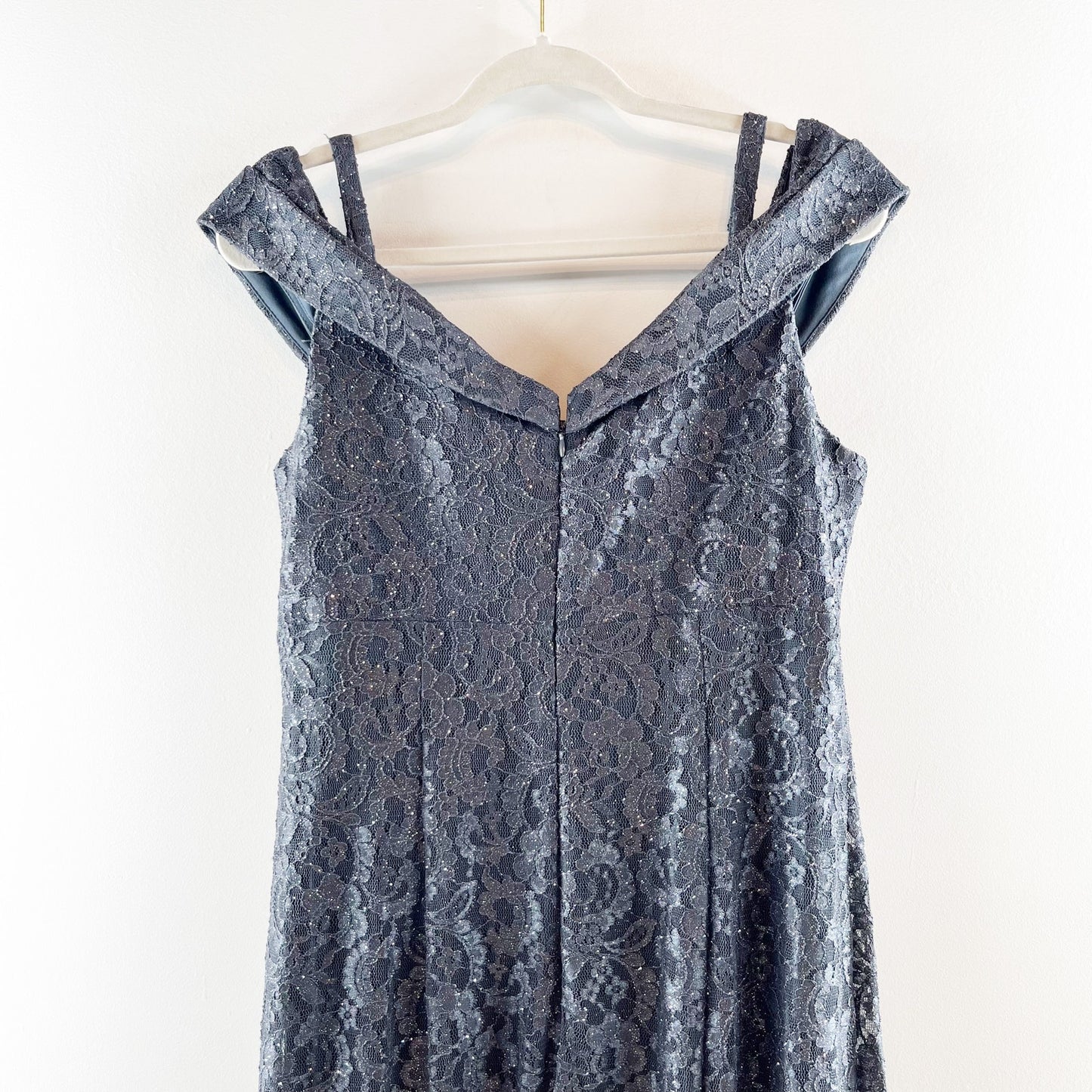R&M Richards Off The Shoulder Lace Maxi Dress Gown Navy Blue 14