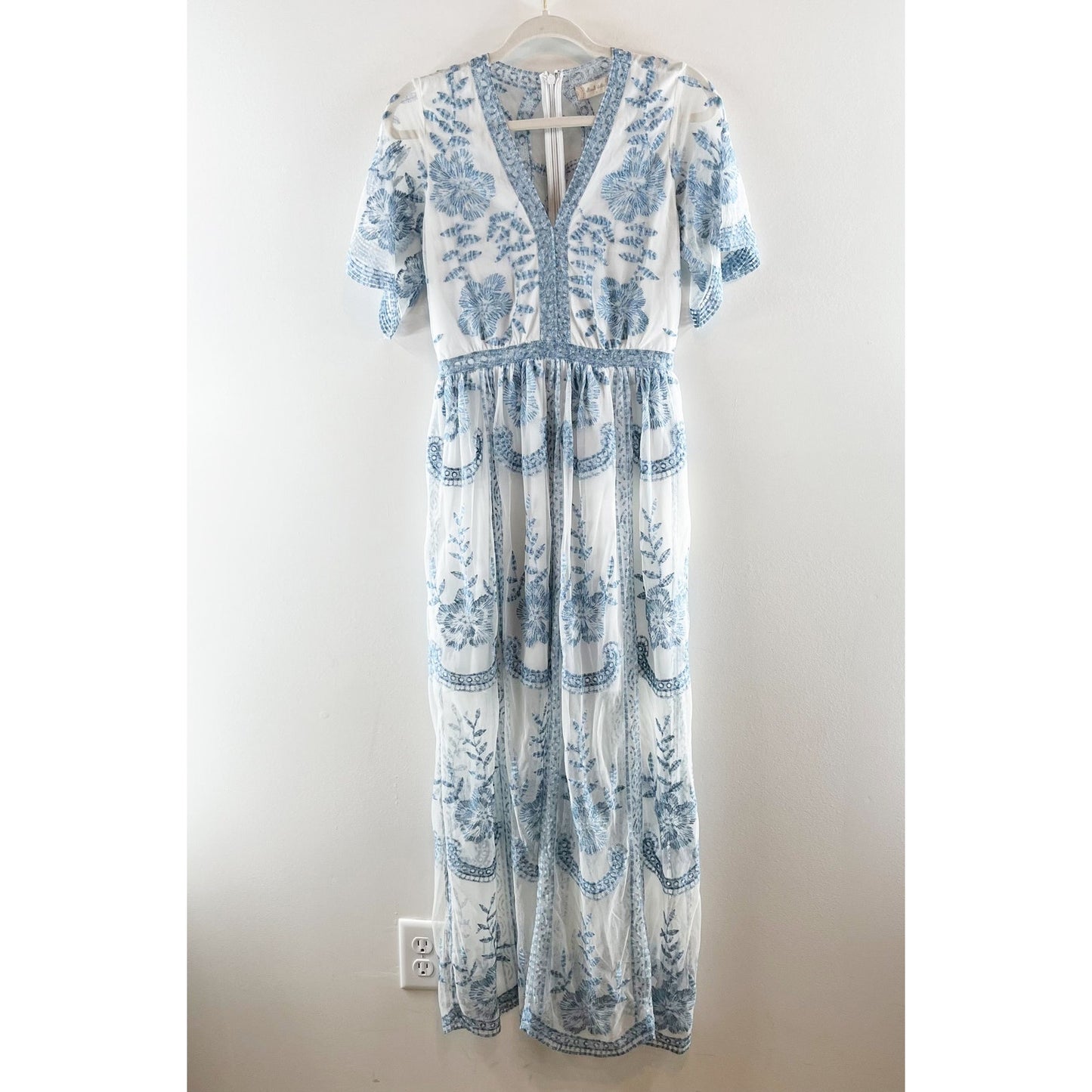 Altar'd State Short Sleeve Embroidered Sheer Boho Lace Catania Maxi Dress Blue S