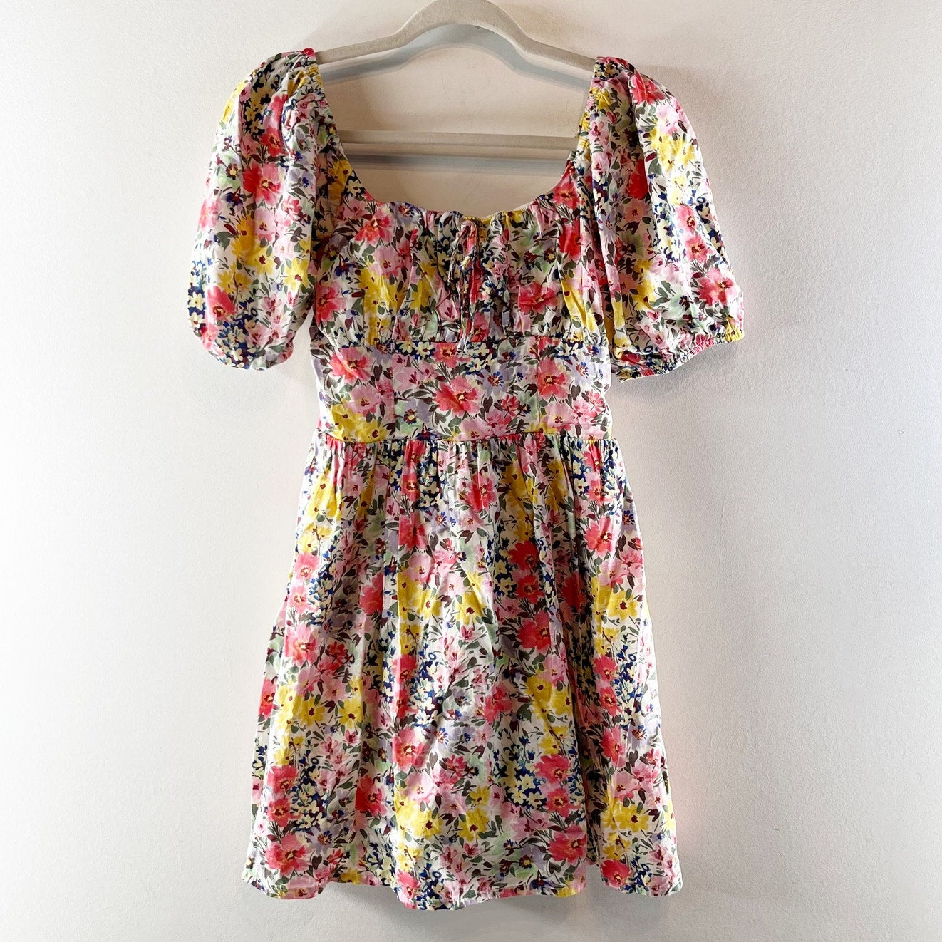 Gap Floral Puff-Sleeve Square Neck Smocked Babydoll Mini Dress Multicolor XS