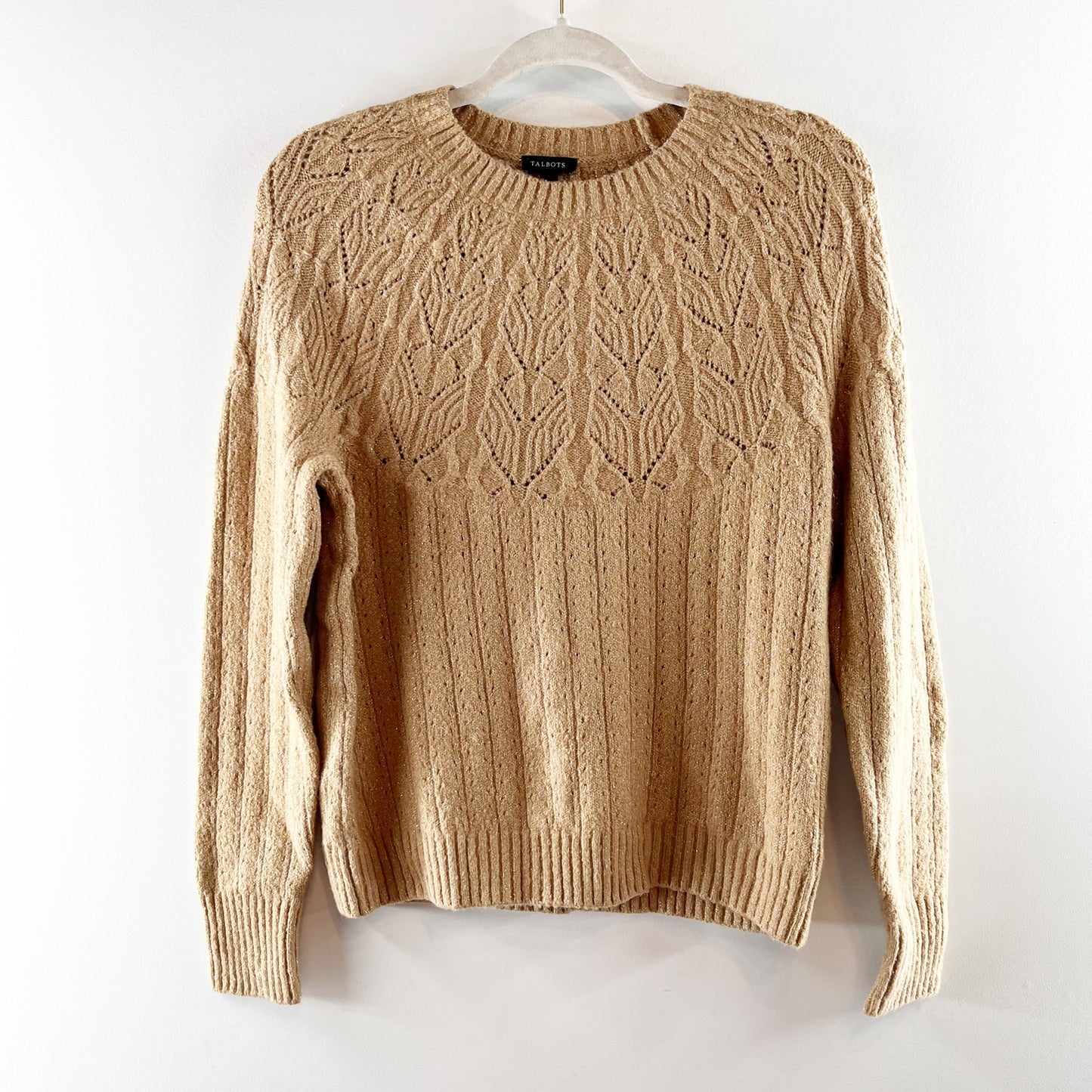 Talbots Long Sleeve Metallic Pointelle Sweater Tan Beige Small