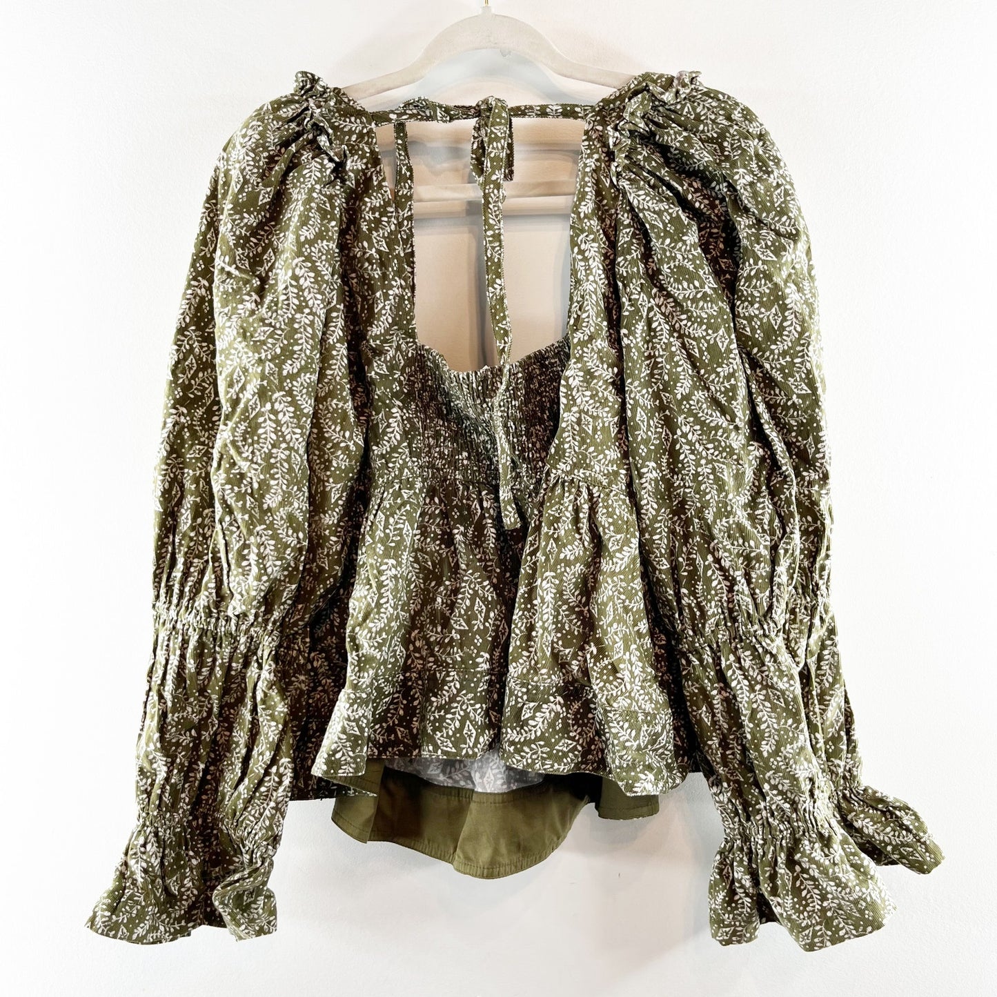 Pilcro Anthropologie Long Sleeve Square Neck Corduroy Peplum Top Green XL