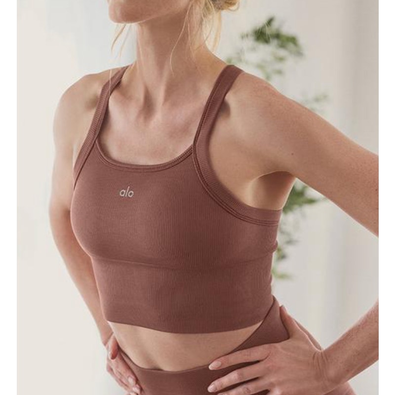 Alo Seamless Ribbed Favorite Bra Tank Cropped Chestnut Brown Small