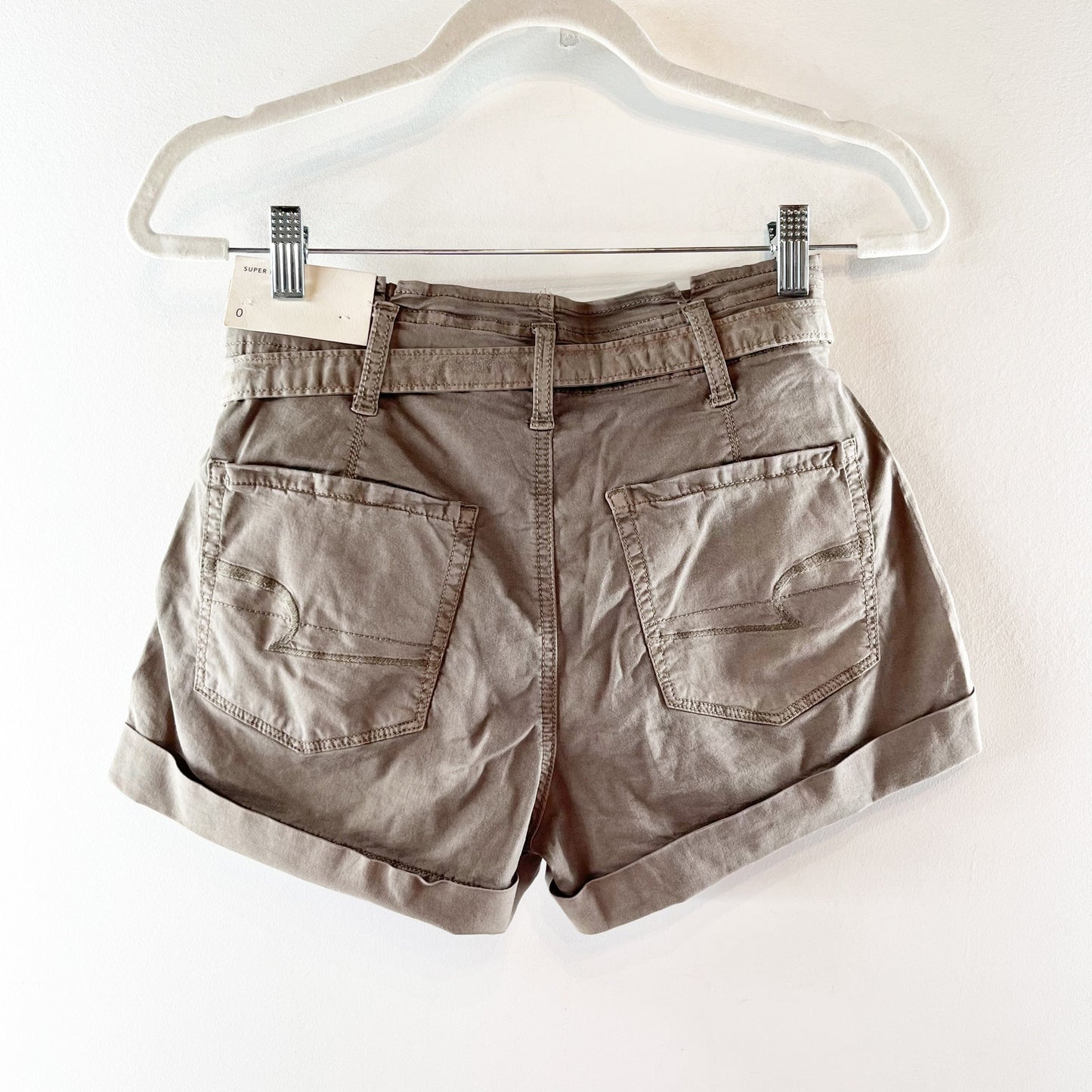 American Eagle Super High Rise Cuffed Paperbag Belted Shorts Tan Brown 0