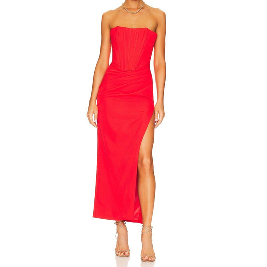 Bardot Saira Strapless Corset Top Slit Midi Dress Gown Formal Red XL