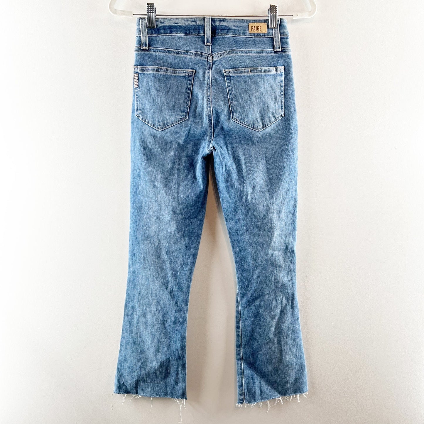 Paige Rory Mid Rise Cropped Flare Leg Ripped Knee Distressed Jeans Blue 25