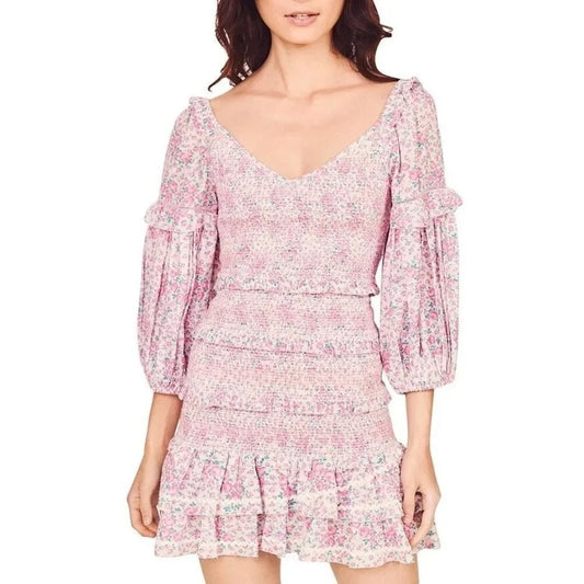 LoveShackFancy Ensley Cotton Smocked Mini Dress Pink Candy Heart Print Small