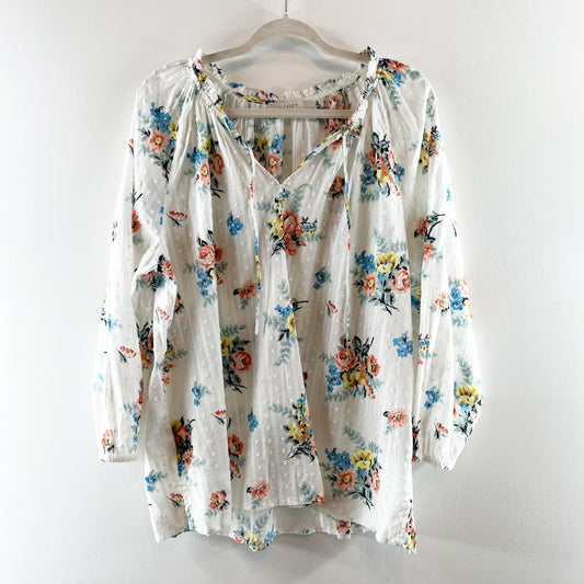 LOFT Garden Ruffle Tie Neck Floral Long Sleeve Cotton Blouse White XL