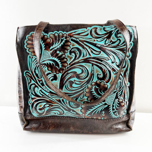 Patricia Nash Toscano Tooled Tote Leather Bag Purse Brown Turquoise
