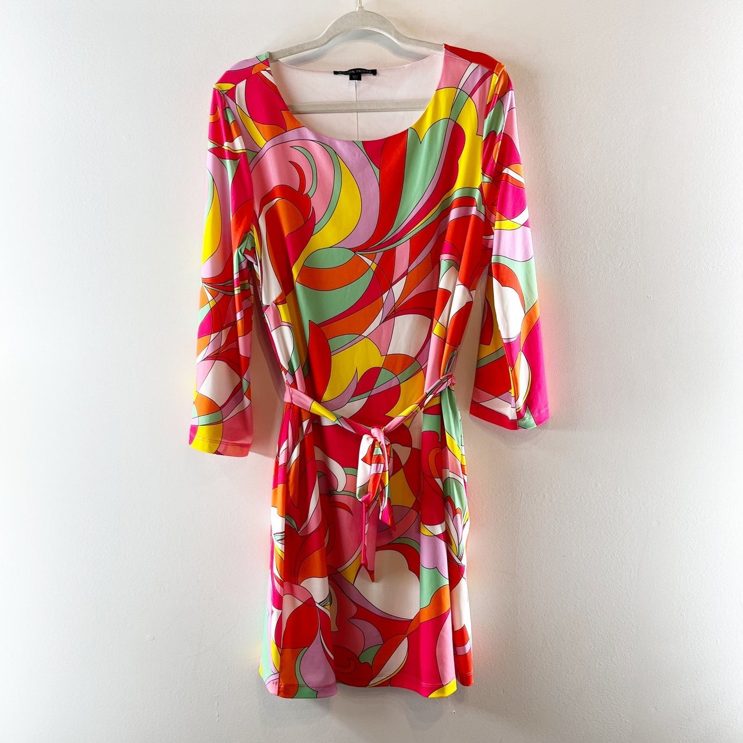 Boston Proper Colorful Abstract Swirled Print Belted Mini Dress Red Pink Large