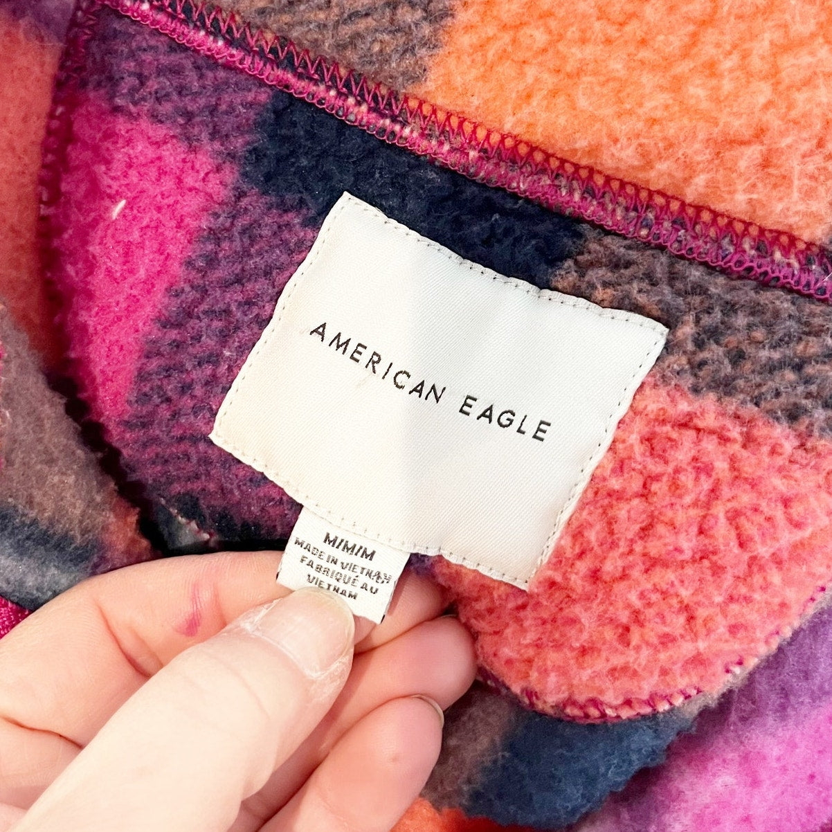 American Eagle 1/4 Zip Sherpa Fleece Pullover Plaid Jacket Pink Orange Medium