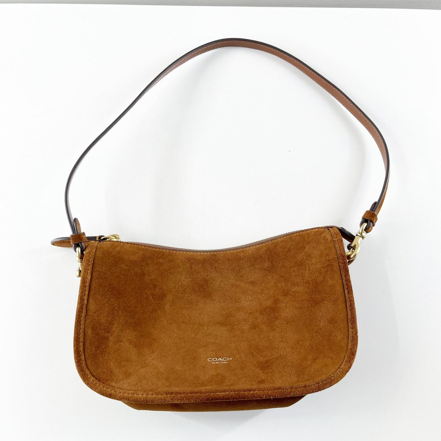 Coach Suede Waverly Shoulder Handbag Purse with Chain Strap Warm Brown