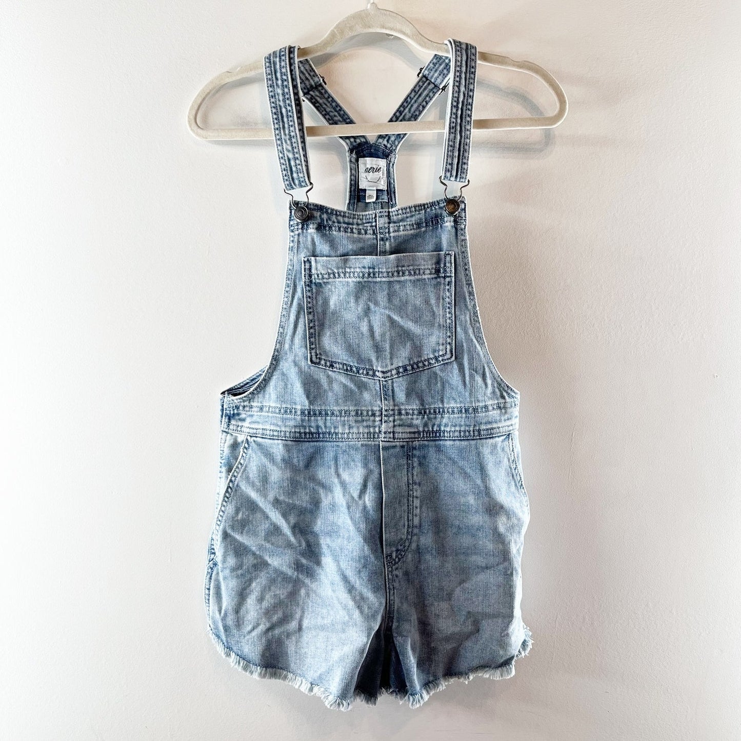 Aerie Cutoff Denim Shortalls Overalls Raw Hem Blue XS