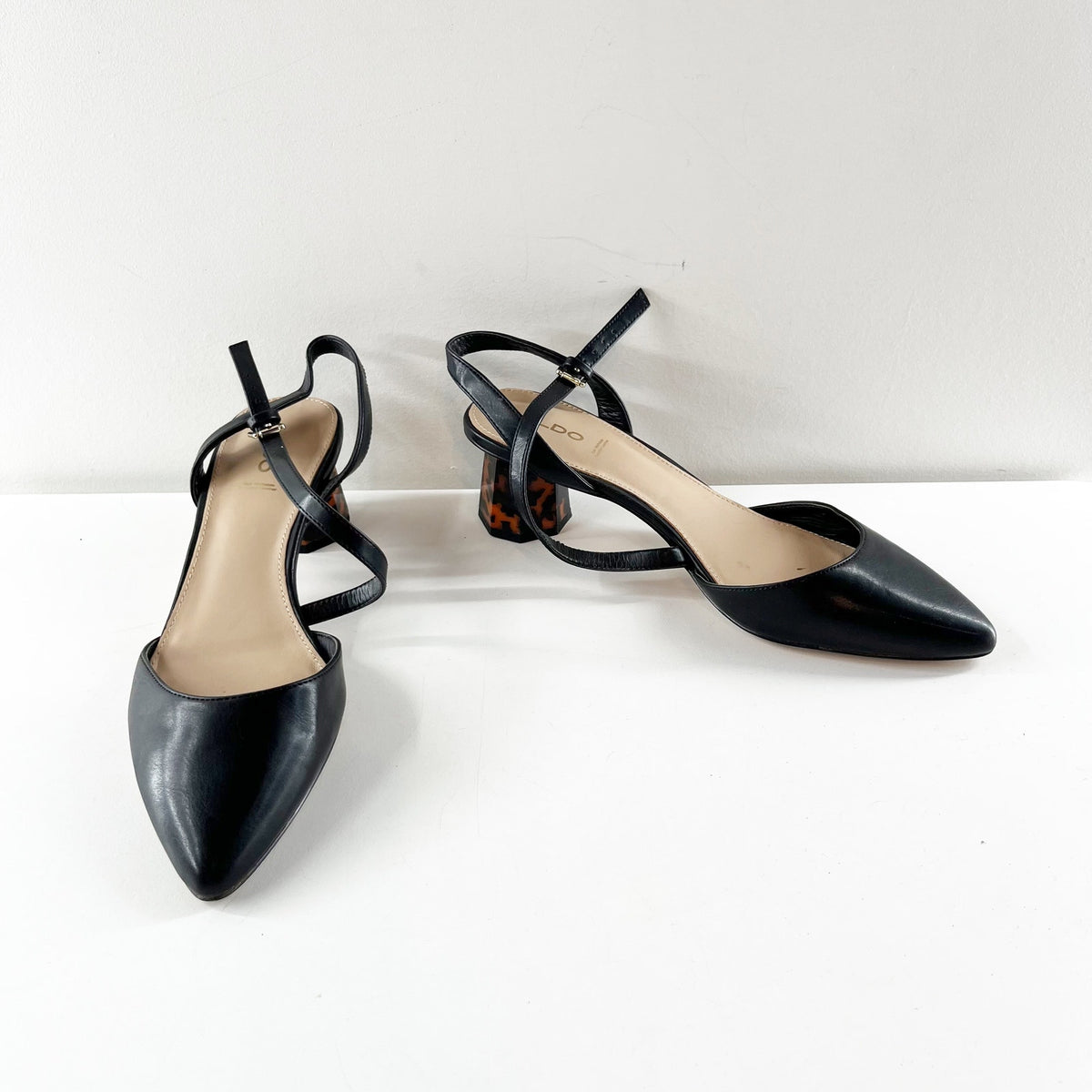 Aldo Gwelissa Tortoise Block Heel Leather Pointed Toe Pumps Black 10