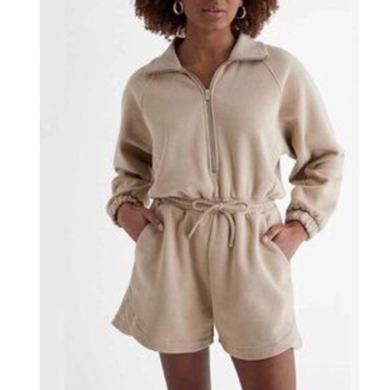 Express Tan Half-Zip Sweatshirt Romper One Piece Medium