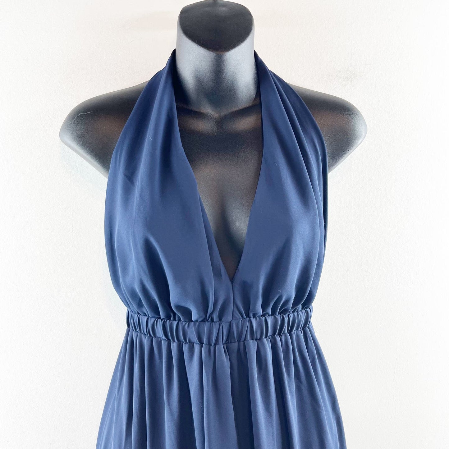 Show Me Your Mumu Plunge V Neck Halter Lined Maxi Gown Dress Navy Blue Medium