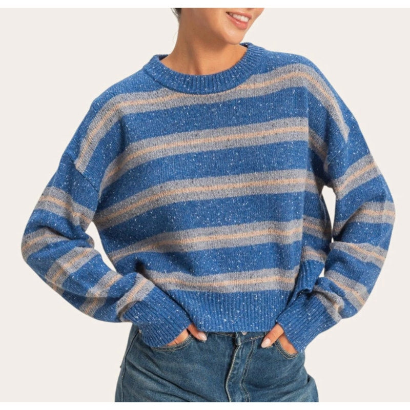 Spiritual Gangster Striped Long Sleeve Crew Neck Knit Pullover Sweater Blue S