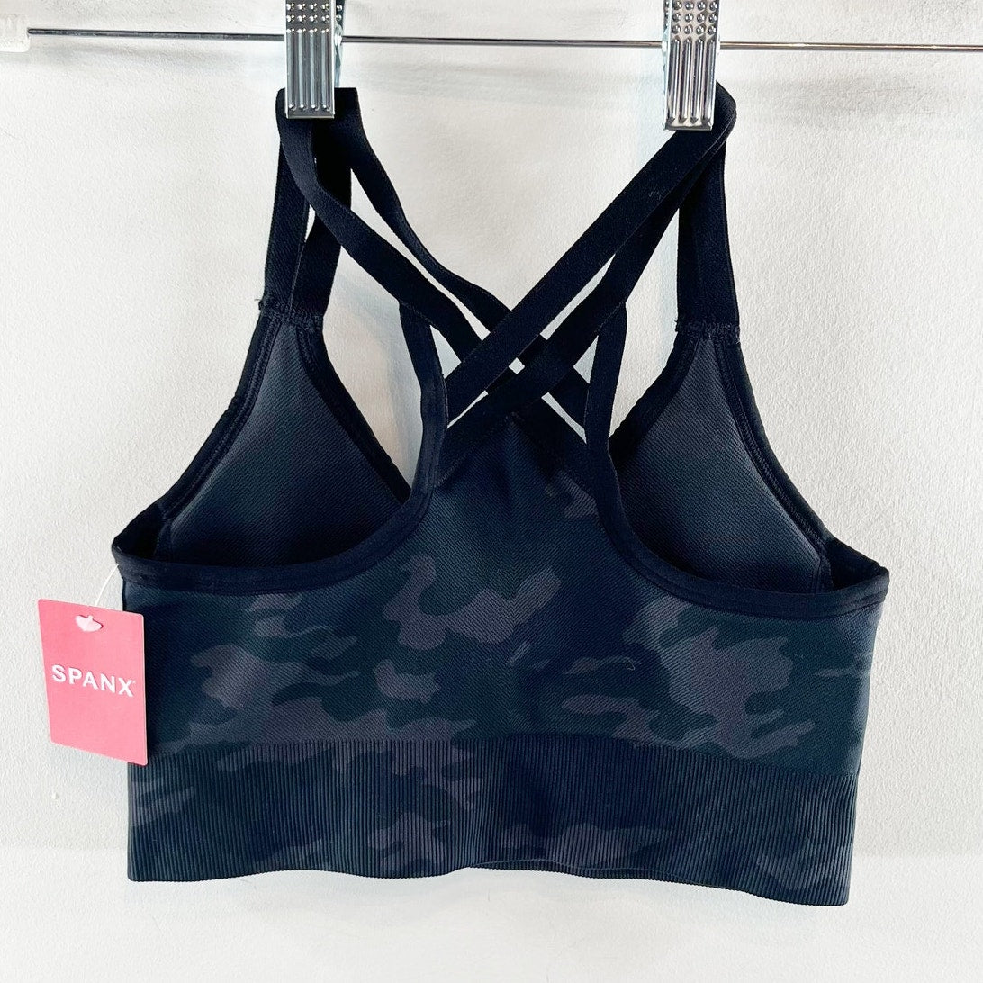 Spanx Look at Me Now Low Impact Strappy Back Active Sports Bra Black Camo Small