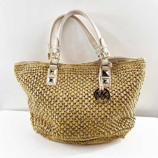 Michael Kors Santorini Straw Raffia Tote Bag Beach Tan White