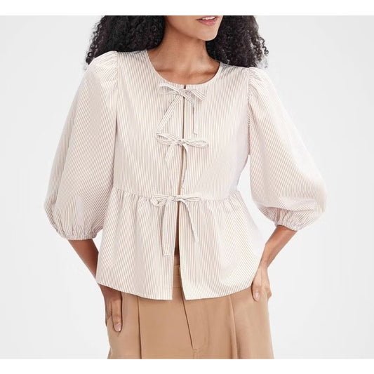 A New Day Puff 3/4 Sleeve Bow Peplum Top Blouse Yellow Stripe XS