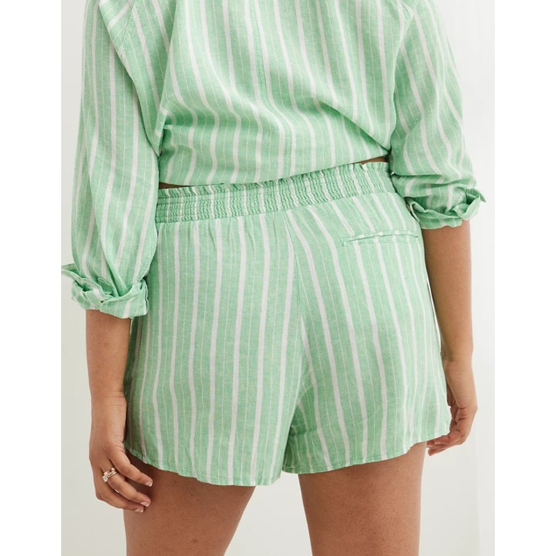 Aerie Linen Blend Striped Pull On Smocked High Waisted Shorts Celebrity Green L