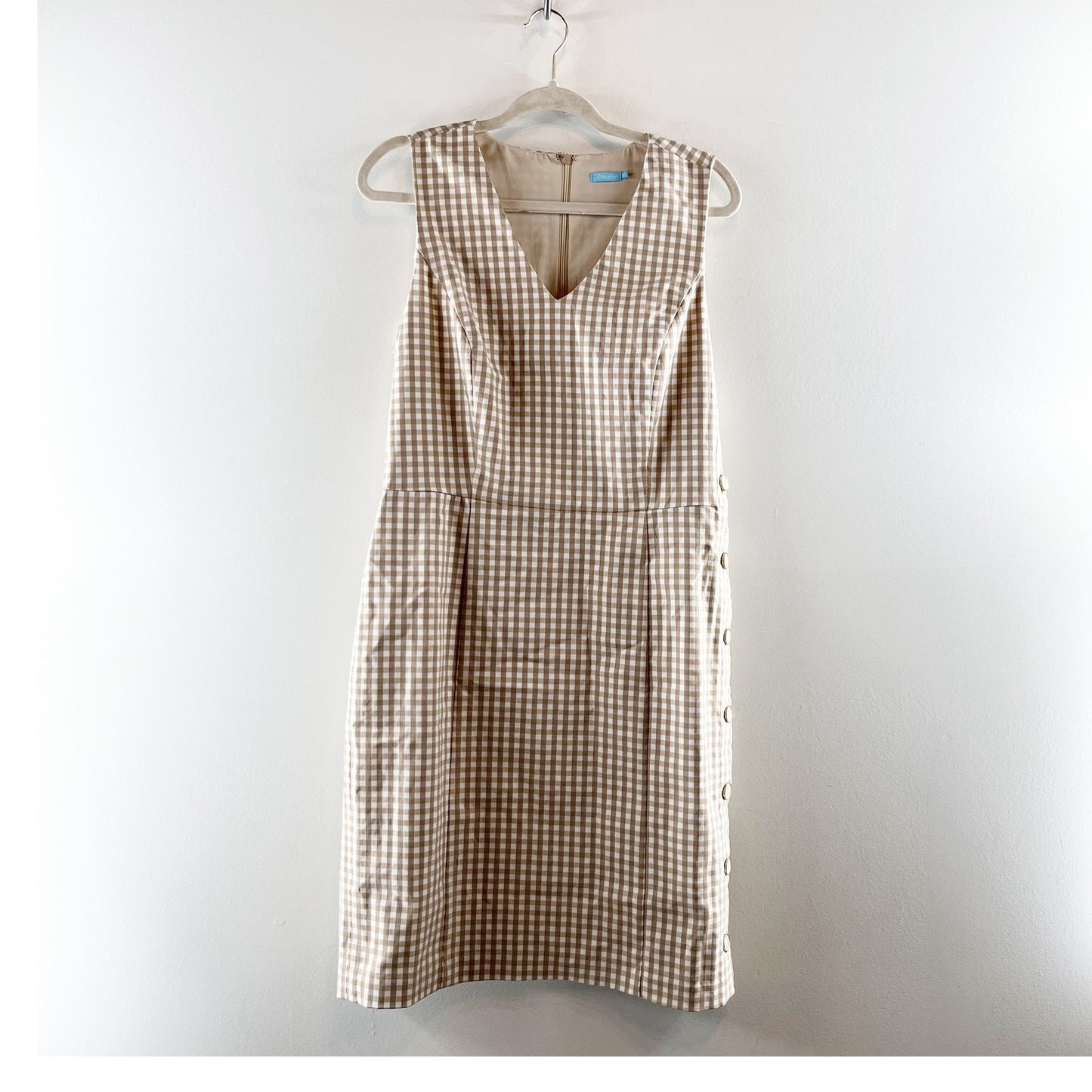 J. McLaughlin Paulson Gingham Sleeveless V Neck Shift Mini Dress Tan Beige 12