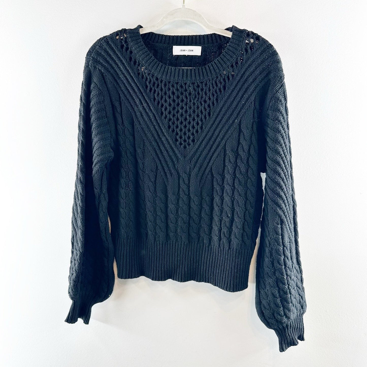 John + Jenn Irving Cotton Blend Long Sleeve Cable Knit Cropped Sweater Black XS