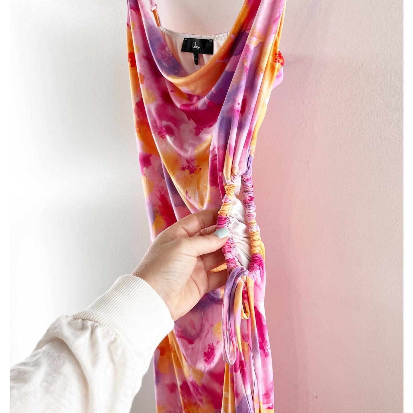 Lulus Vibrant Babe Floral Cutout Drawstring Midi Dress Pink Purple Orange Medium
