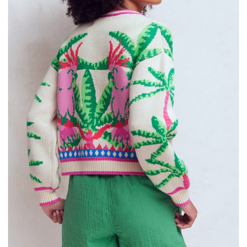 Boden Abi Jacquard Long Sleeve Cardigan Sweater Warm Ivory Palm Tree Birds XS