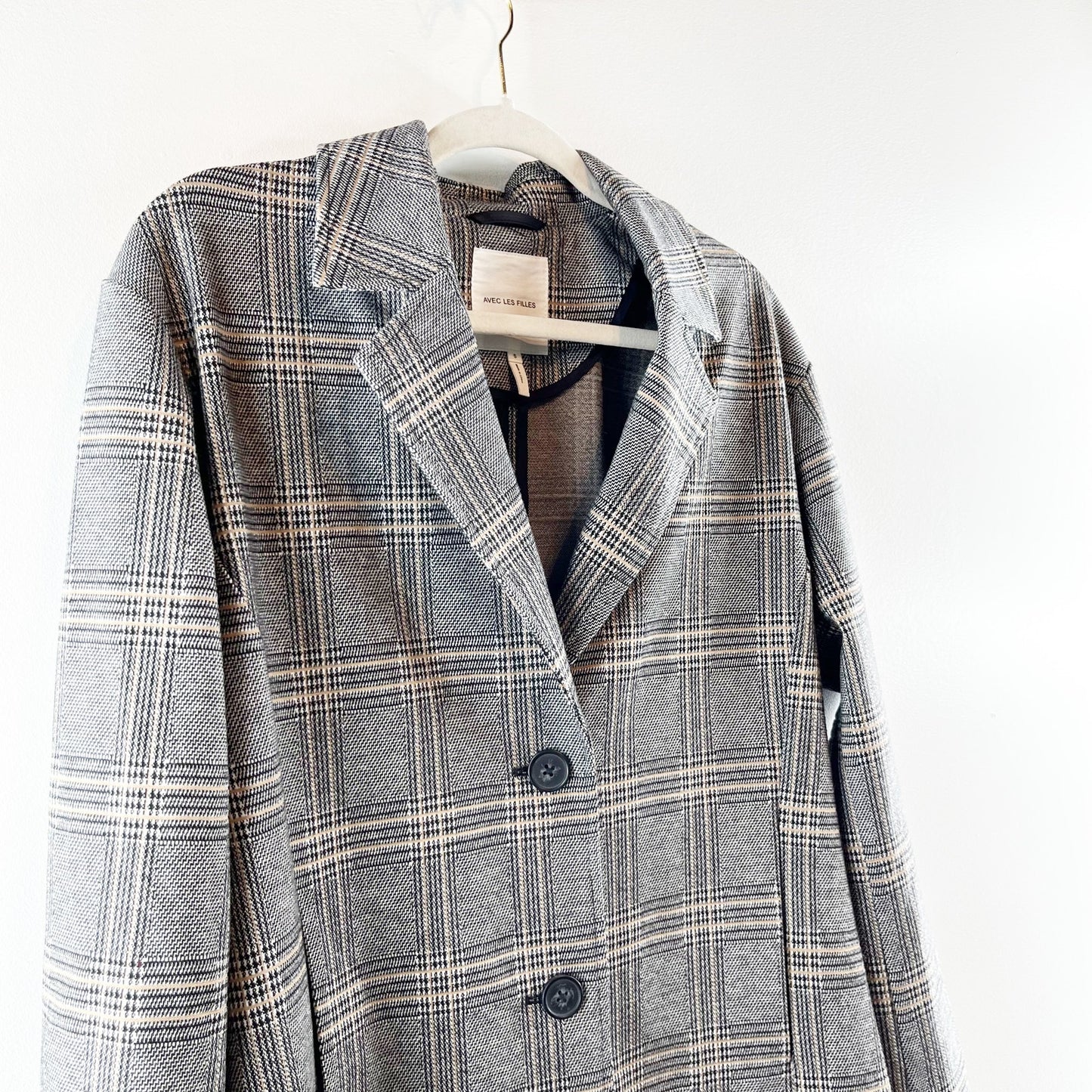 Avec Les Filles Anthropologie Oversized Longline Plaid Blazer Jacket Gray Small