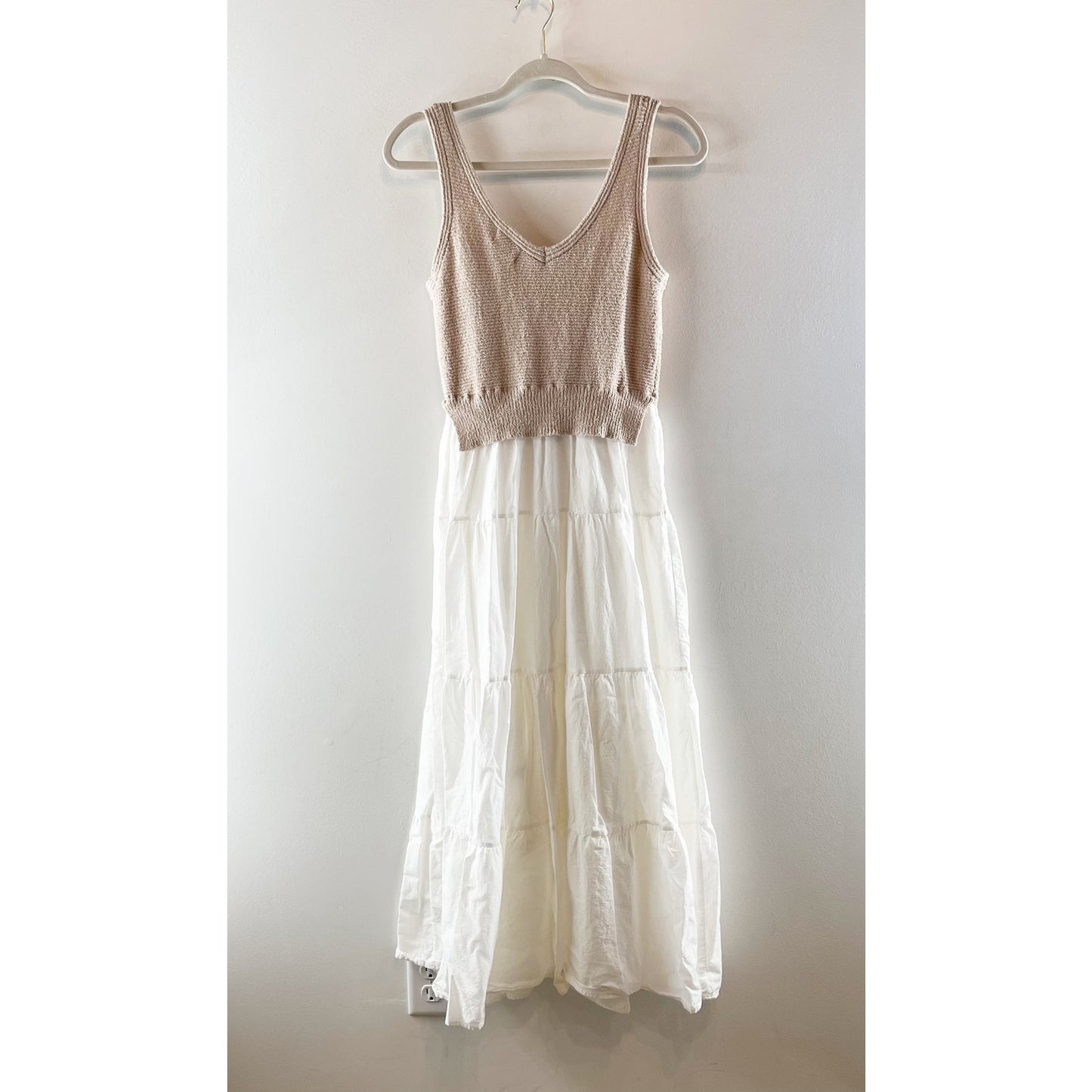 Elan Twofer Mixed Media Sleeveless Poplin Midi Dress Tan White Small