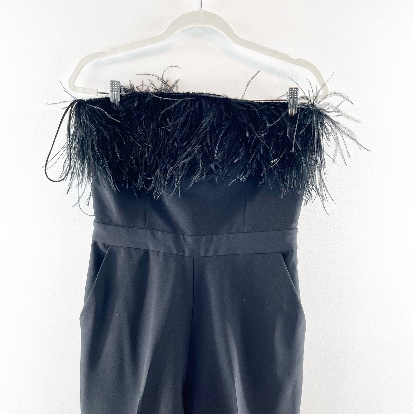 Saylor Janae Straight-Leg Strapless Jumpsuit with Feather Trim Black Medium