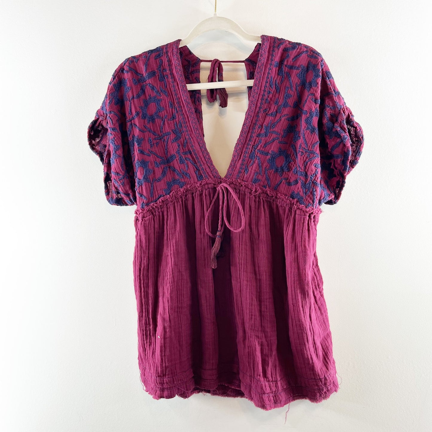 Free People Embroidered V Neck Short Sleeve Mini Dress Maroon Purple XS