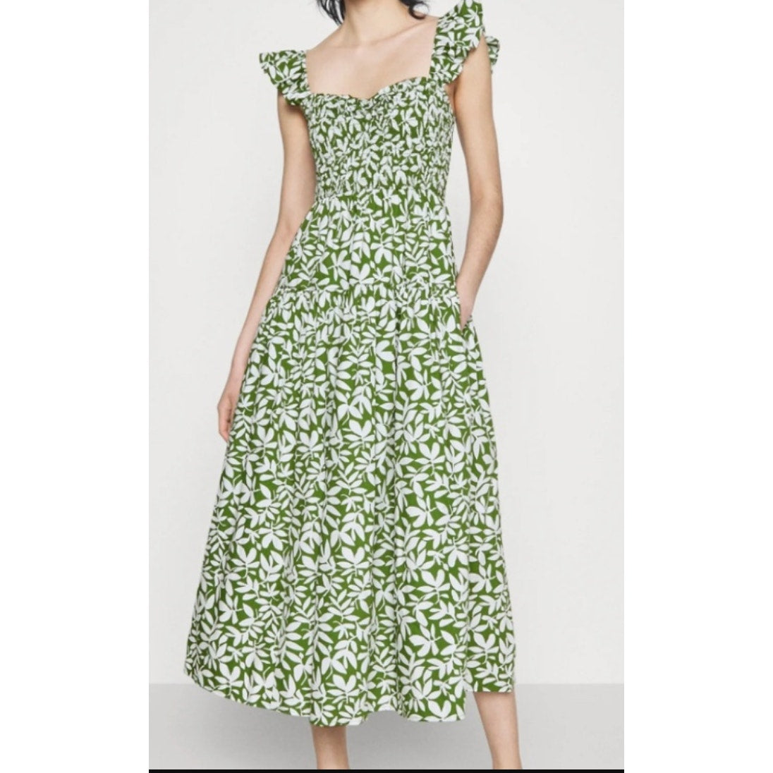 Abercrombie & Fitch Ruffle Strap Floral Print Poplin Midi Dress Green Medium