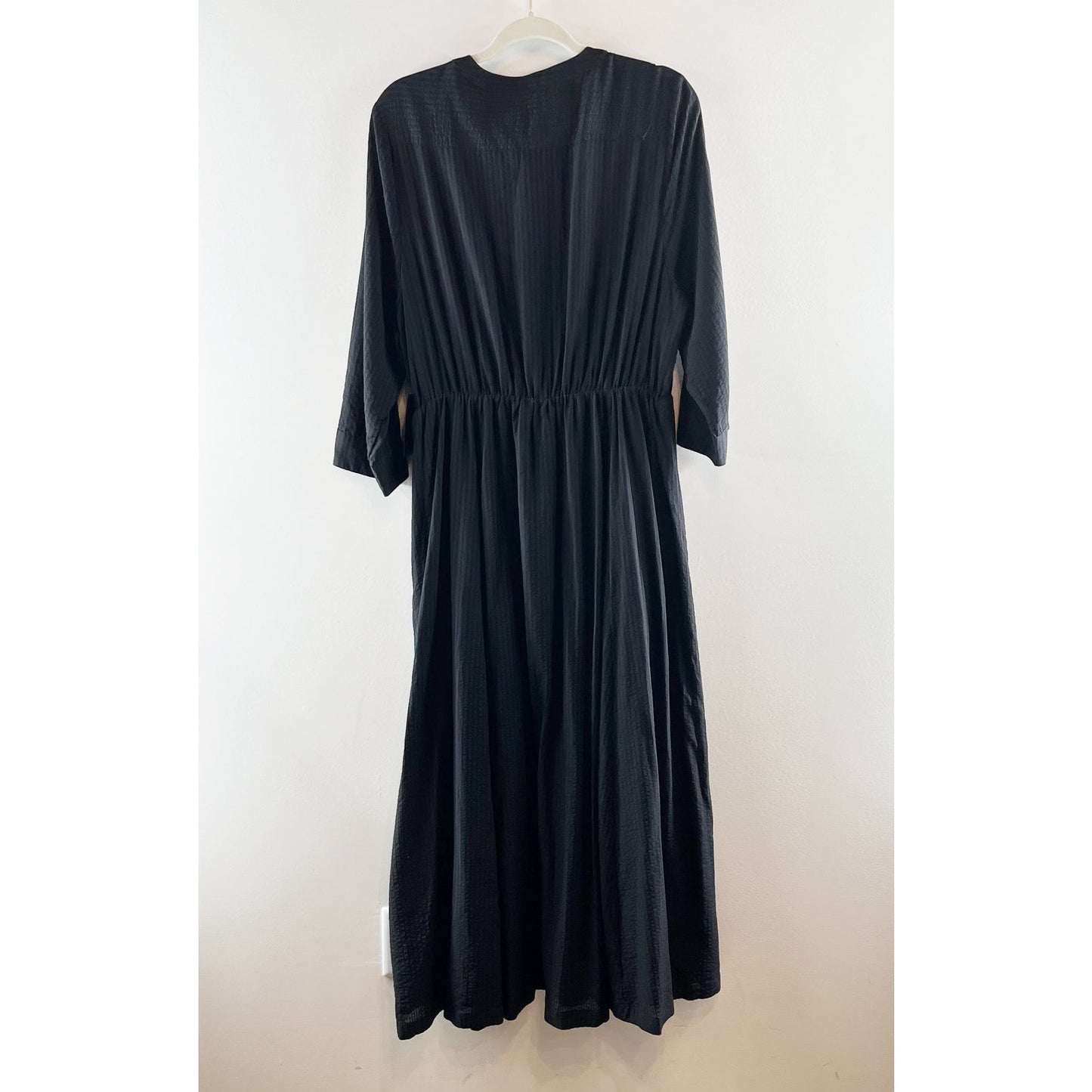 Jenni Kayne Cotton Blend Seersucker Striped 3/4 Sleeve Midi Shirt Dress Black XL