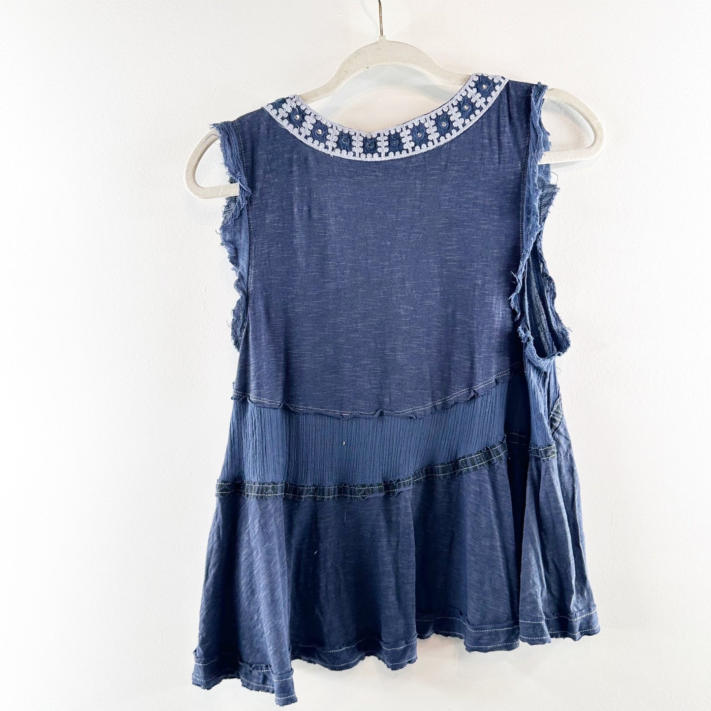 Free People Embroidered Cotton Linen Sleeveless Muscle Tank Top Blue XS